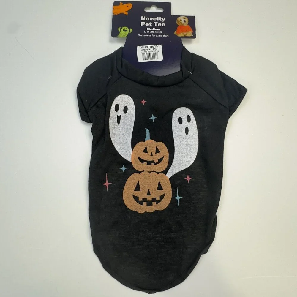 Halloween Novelty Pet Tee Medium Ghost and Pumpkin Design Black Dog Costume NEW